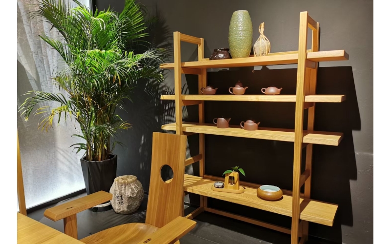 水曲柳实木茶空间博古架+茶椅组合产品介绍